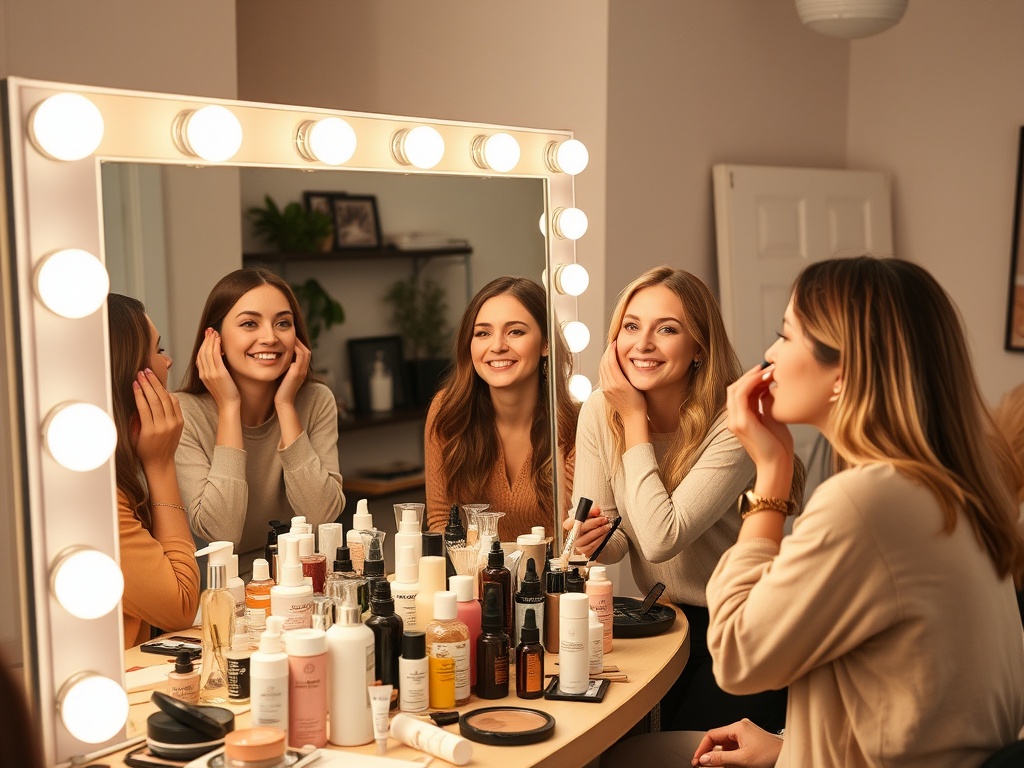 "A cozy makeup workshop in soft-lit studio, a small group of women practicing natural, daytime makeup on mirrors, skincare products neatly arranged, warm tones, candid smiles, hands-on guidance."