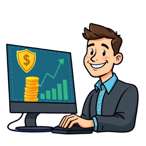 "smiling trader" "digital screen" "rising graph" "coins stack" "hand on mouse" "abstract network" "secure shield" "happy user" "money flow" "simple interface"