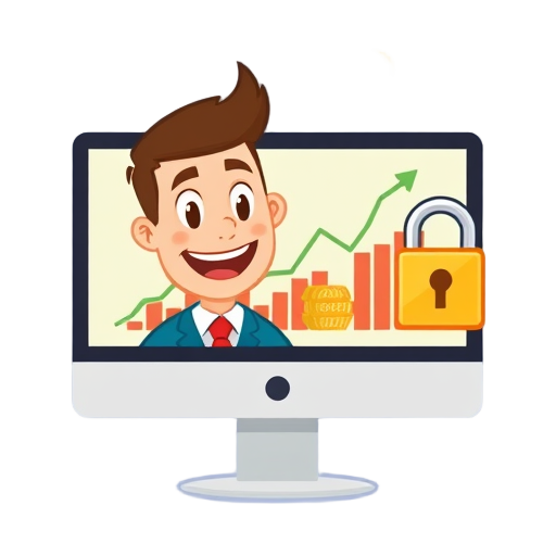 "happy trader" "computer screen" "copytrading interface" "rising graph" "digital coins" "secure lock" "smiling face"