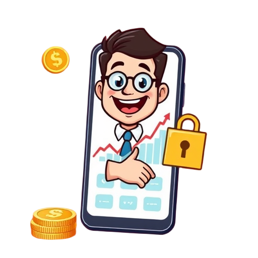 "happy investor" "copytrading dashboard" "rising graph" "smartphone screen" "digital coins" "secure lock" "handshake"