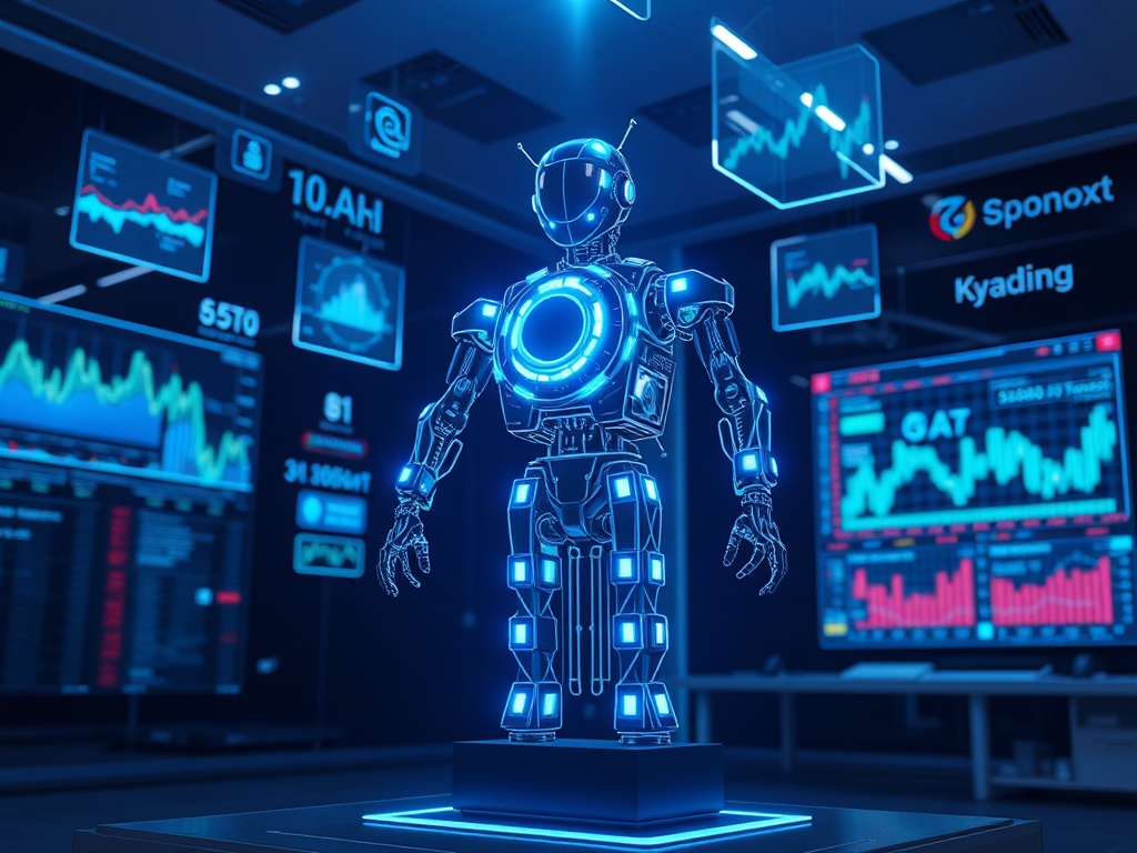 A futuristic "AI trading bot" made of glowing blue circuits, surrounded by floating digital graphs, stock charts, and a holographic interface in a sleek, modern trading room.