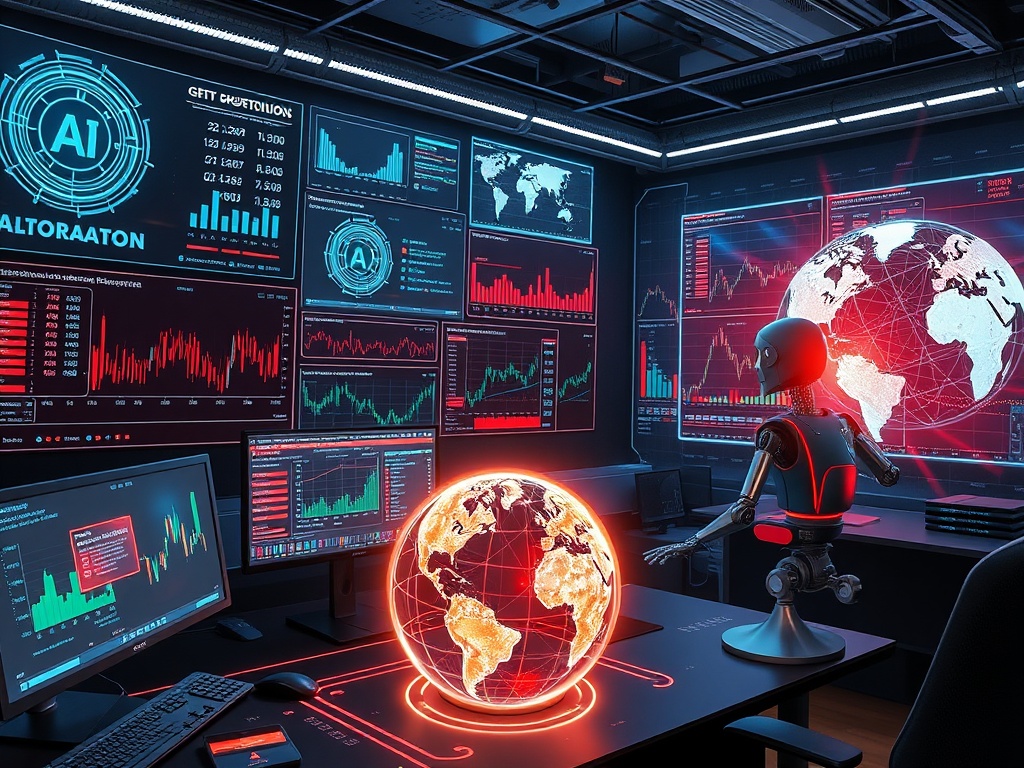 A futuristic workspace with multiple holographic screens showing AI algorithms, trading charts, a glowing robot coding, and a digital globe symbolizing global markets.