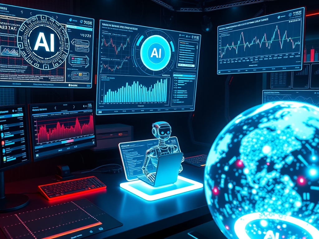 A futuristic workspace with multiple holographic screens showing AI algorithms, trading charts, a glowing robot coding, and a digital globe symbolizing global markets.