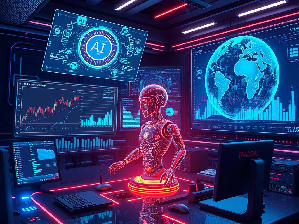 A futuristic workspace with multiple holographic screens showing AI algorithms, trading charts, a glowing robot coding, and a digital globe symbolizing global markets.