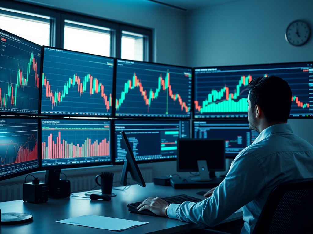 "trader at desk" "multiple transparent screens showing candlestick charts" "highlighted breakout candle bursting out of consolidation box" "volatility bands and volume bars emphasized" "modern minimalist trading room, early morning light"