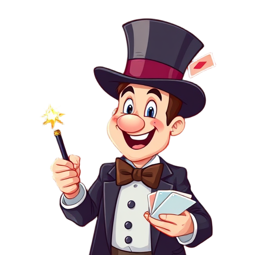 Een vrolijke magiër met een hoge hoed die tovert.