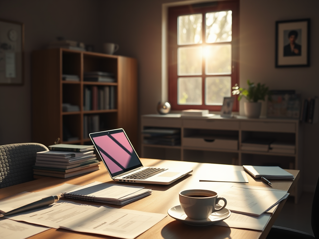Een serene kantoorruimte met een laptop en koffie.