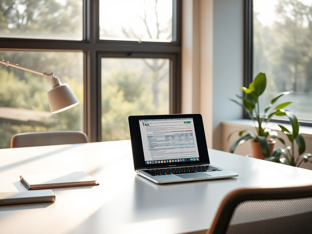 Een modern kantoor met een laptop, belastingdocumenten en een plant.