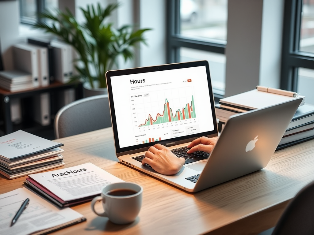 "a modern workspace" with "a person happily tracking hours on a sleek laptop," surrounded by "organized documents," "coffee cup," and "calm, bright office ambiance."