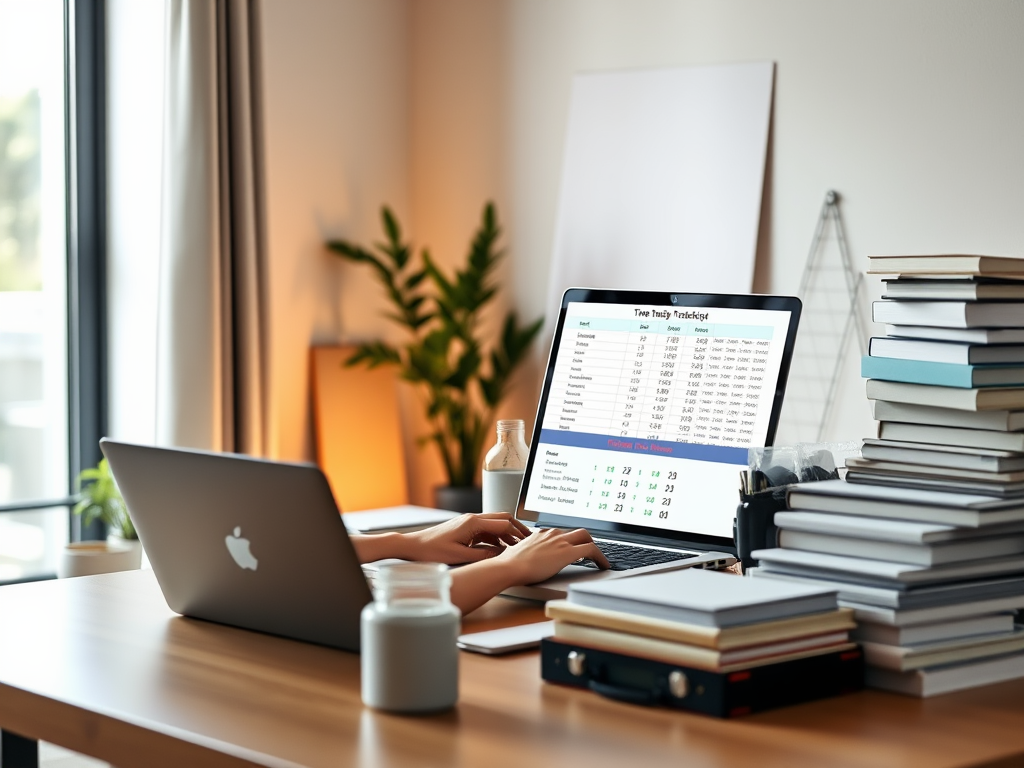 A modern workspace with "laptop displaying time-tracking spreadsheet," "businessperson entering hours," "calm organized desk," "digital clock glowing," "project files neatly stacked," and "soft natural light filtering through window."