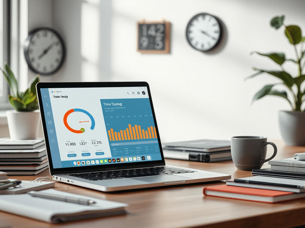 "a modern workspace" with "laptop displaying a clean, colorful time-tracking interface," "organized desk with notebooks and coffee," "soft natural light," "calm focused atmosphere," "digital clock and calendar in background."