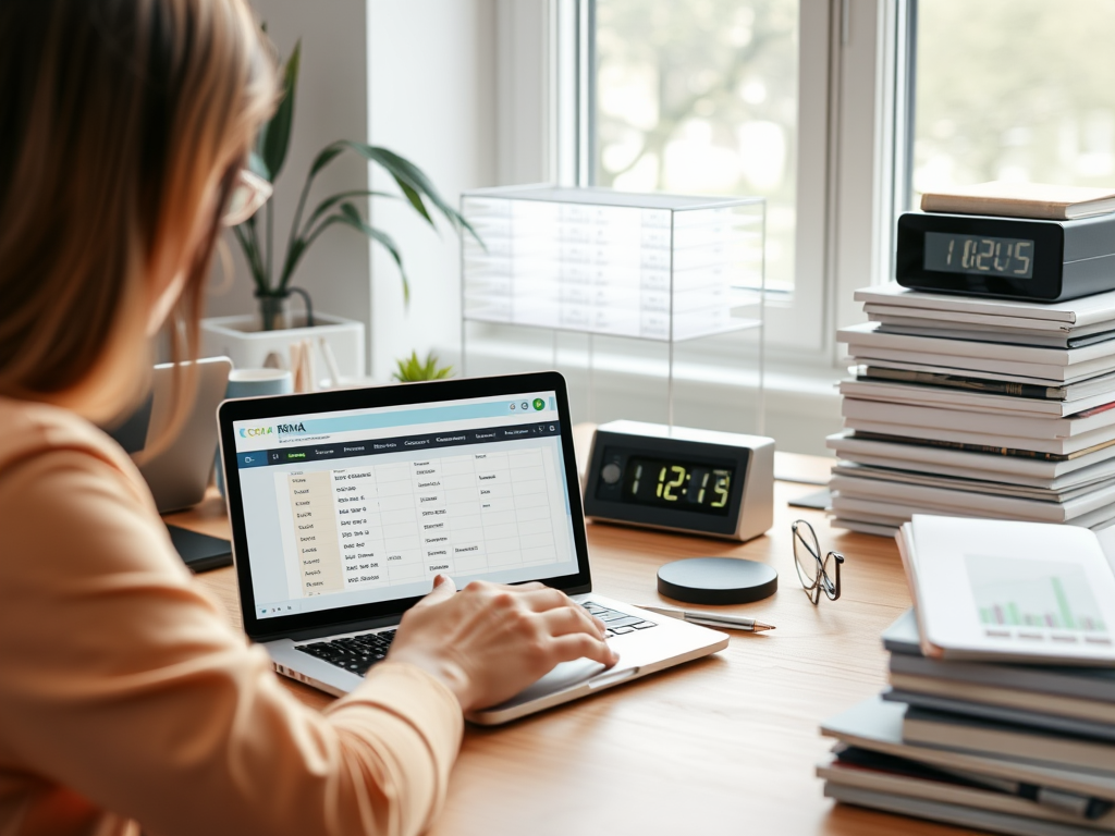 A modern workspace with "laptop displaying time-tracking spreadsheet," "businessperson entering hours," "calm organized desk," "digital clock glowing," "project files neatly stacked," and "soft natural light filtering through window."