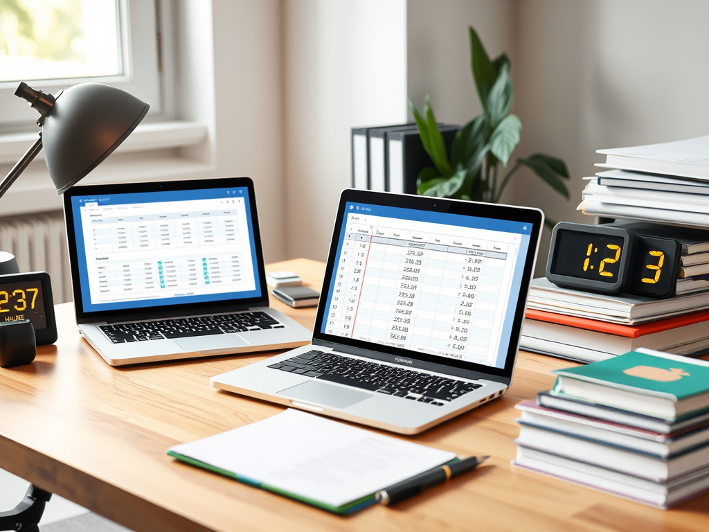A modern workspace with "laptop displaying time-tracking spreadsheet," "businessperson entering hours," "calm organized desk," "digital clock glowing," "project files neatly stacked," and "soft natural light filtering through window."
