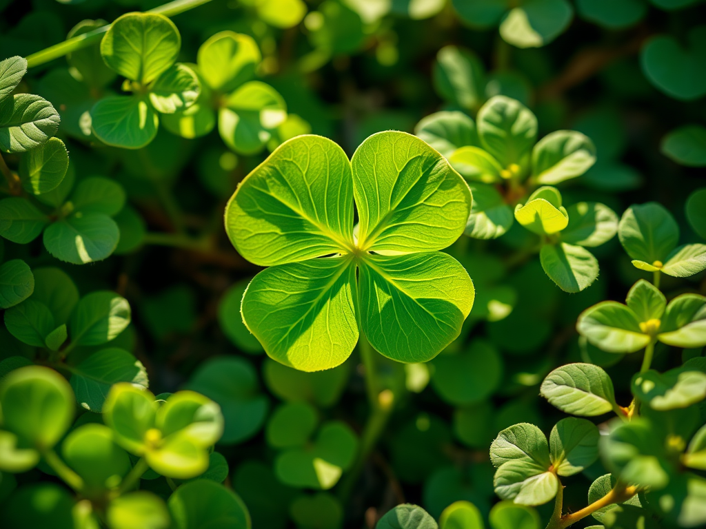 Een vierbladige klaver tussen groene bladeren in zonlicht.