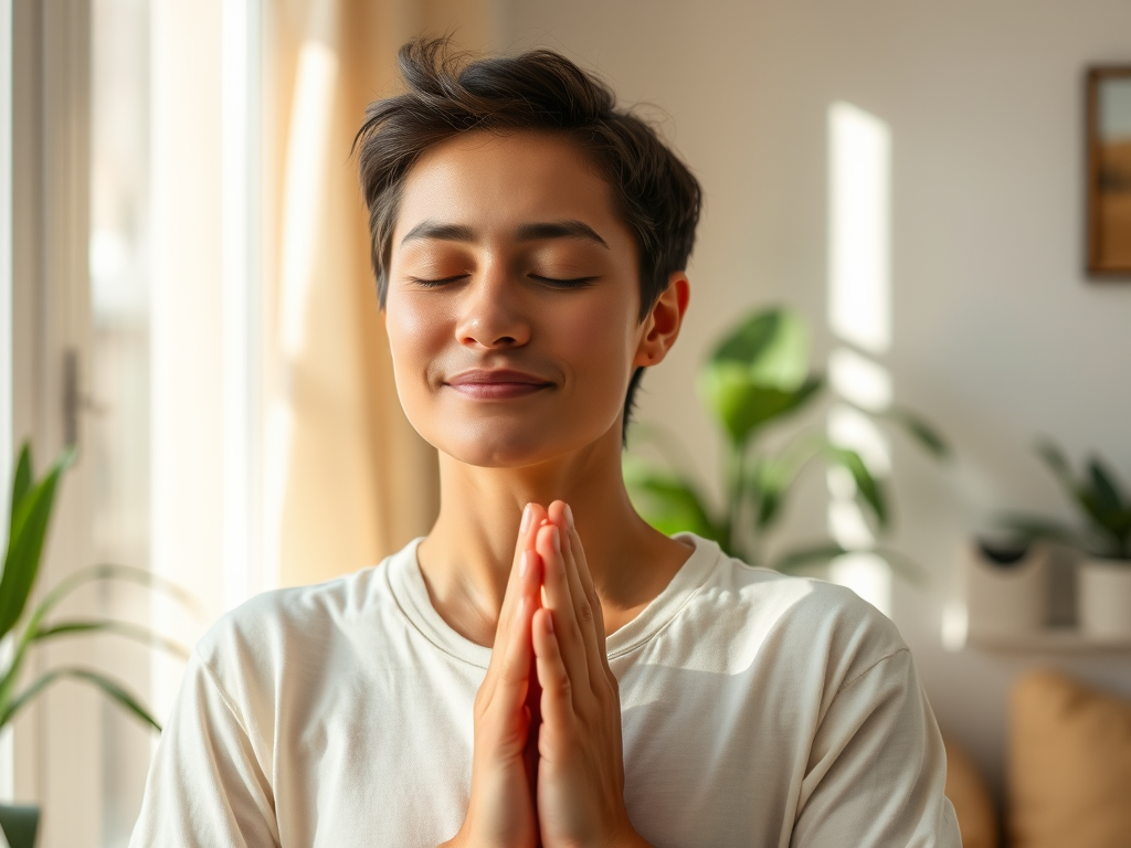 "calm person practicing deep breathing" "serene home environment" "soft natural light" "peaceful facial expression" "gentle hand movements" "relaxed posture"