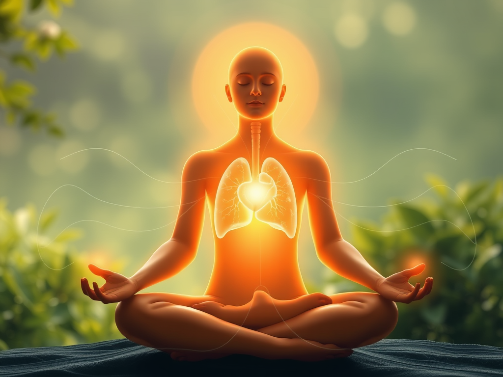 A serene person meditating "soft glowing light" "breathing rhythm visualized as flowing waves" "heart and lungs subtly illuminated" "calm natural background with gentle greenery" "energy lines pulsing gently around body"