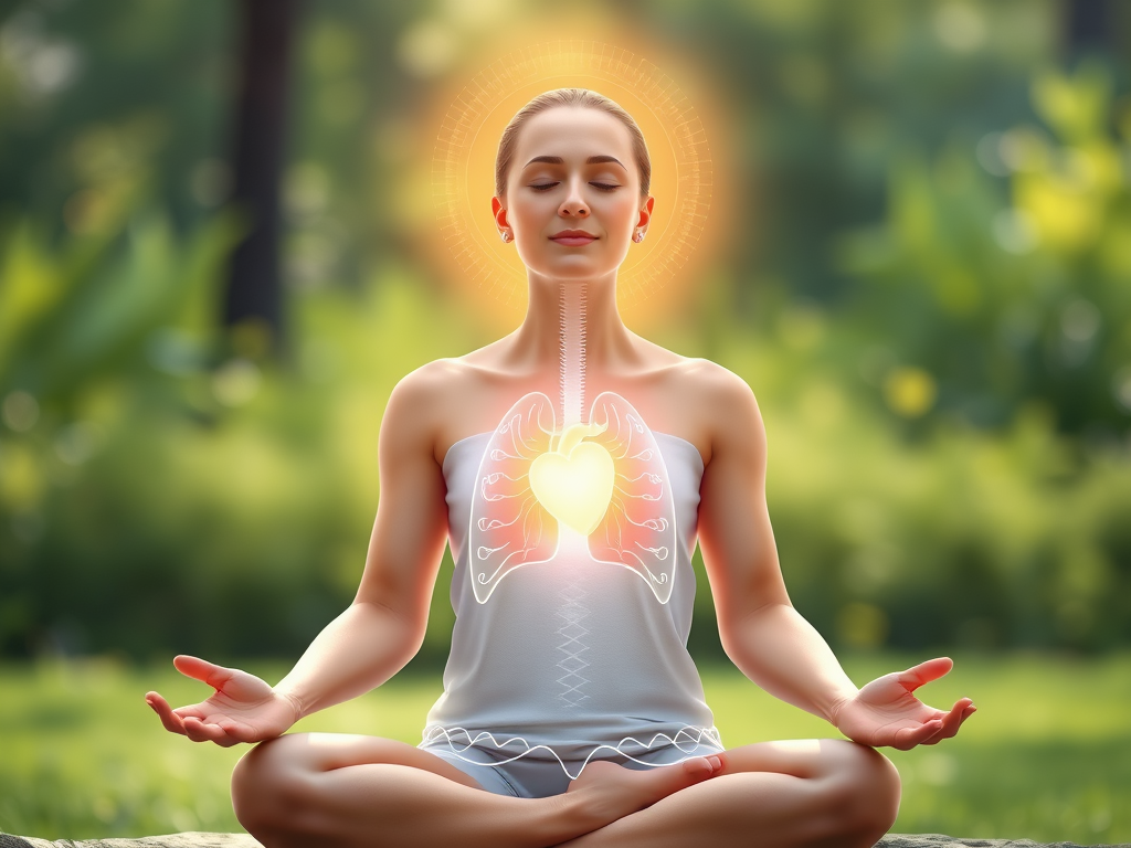 A serene person meditating "soft glowing light" "breathing rhythm visualized as flowing waves" "heart and lungs subtly illuminated" "calm natural background with gentle greenery" "energy lines pulsing gently around body"