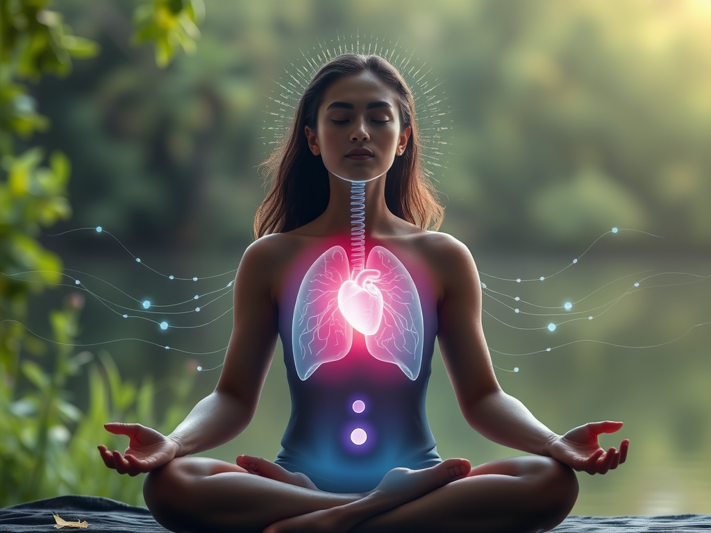 A serene person meditating "soft glowing light" "breathing rhythm visualized as flowing waves" "heart and lungs subtly illuminated" "calm natural background with gentle greenery" "energy lines pulsing gently around body"