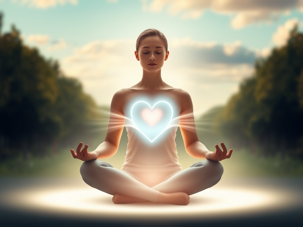 "Serene person sitting cross-legged" "gentle glowing heart symbol" "soft waves representing breath flow" "calm nature background with trees and sky" "subtle light aura around body"