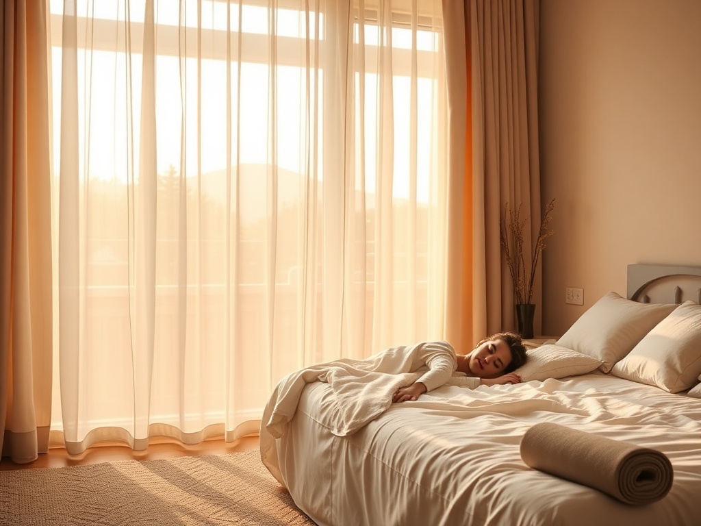 "peaceful bedroom at dawn" "soft golden light through sheer curtains" "person sleeping peacefully on side" "gentle mist and floating breath particles" "simple yoga mat rolled nearby" "calm neutral color palette"