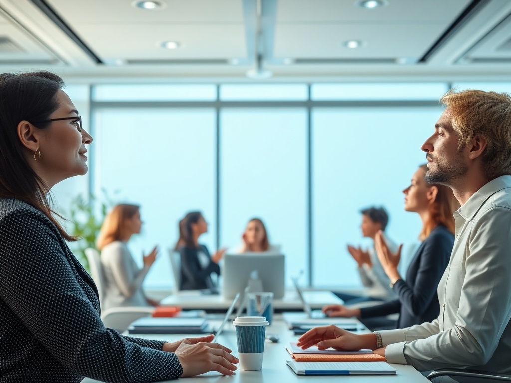 "A serene, modern office scene with diverse professionals practicing guided breathing, soft light, calm blue tones, subtle breath motifs, and a focus on concentration and wellbeing."