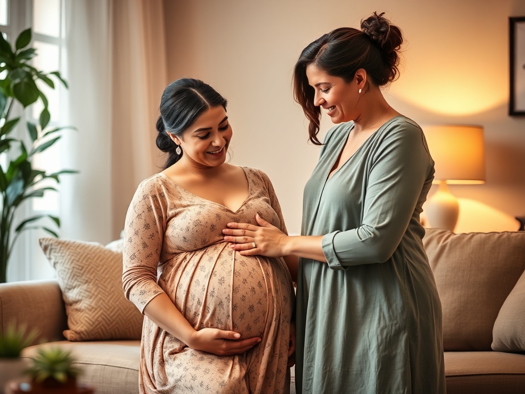 "A warm, inviting scene of a mother-to-be gently supported by a calm, professional doula in a cozy living room, soft lighting, comforting colors, subtle birth-related icons."