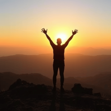 Een silhouet van een persoon op een heuveltop tijdens zonsondergang.