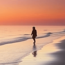 Rustig strand met een persoon tijdens zonsopgang.