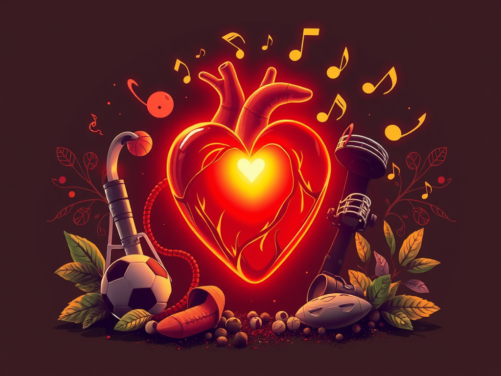 A strong soul depicted as a glowing "heart" surrounded by "sports equipment", "musical notes", and "calm nature elements", symbolizing growth and resilience.
