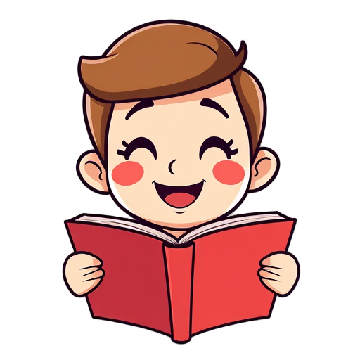 Blije jongen leest een boek.