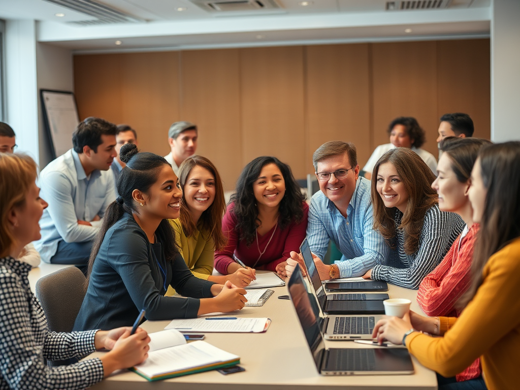 Een diverse groep mensen in een leiderschapstraining.