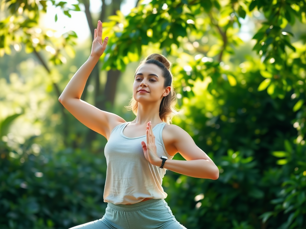 Vrouw die yoga doet in een groene tuin met zonlicht.