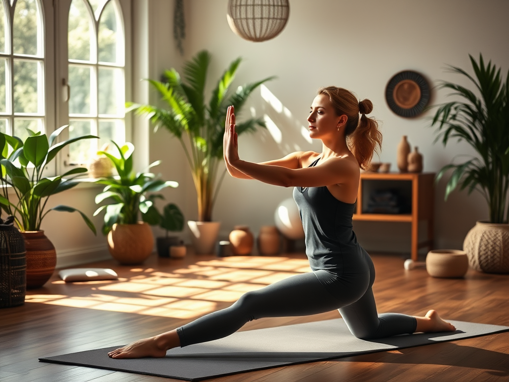 Vrouw in yogahouding in een zonnige, groene kamer.