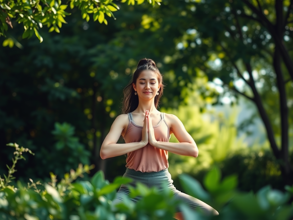 Vrouw mediteert in een rustgevende yogahouding in de natuur.