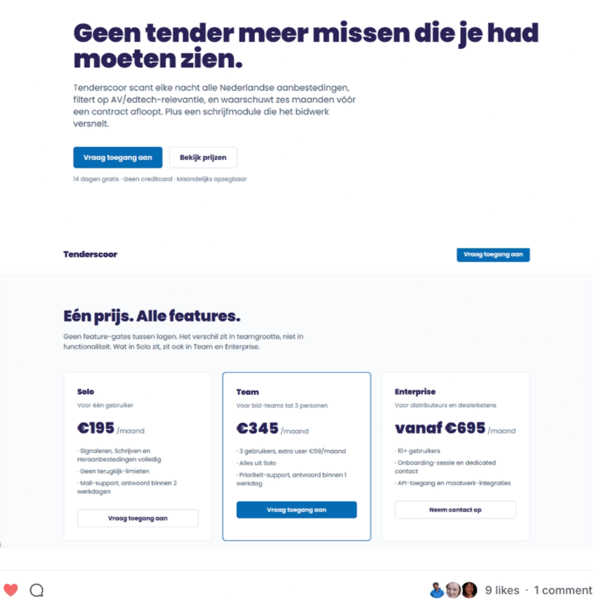 Landingspagina Tenderscoor van Peter Paul, prijsblok met Solo, Team en Enterprise pakketten.
