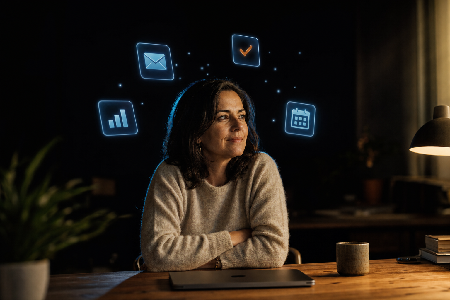Ondernemer aan het einde van de werkdag kijkt naar dashboard met afgehandelde workflows