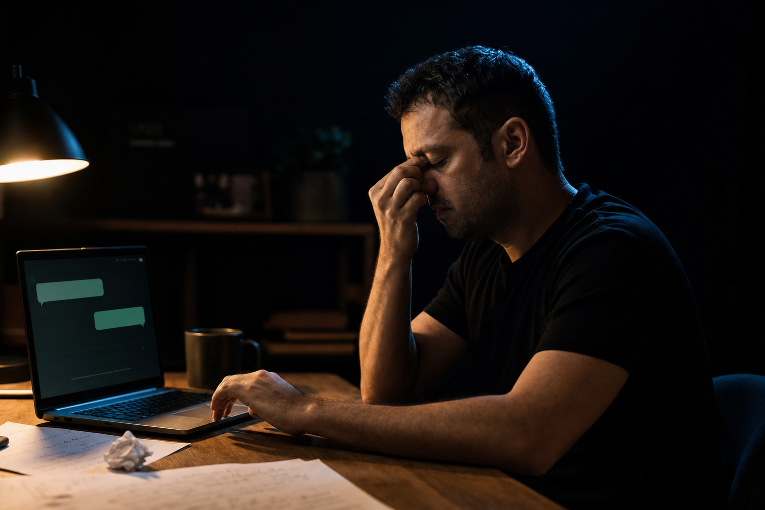 Ondernemer aan een druk bureau, AI helpt maar het werk blijft bij hen liggen