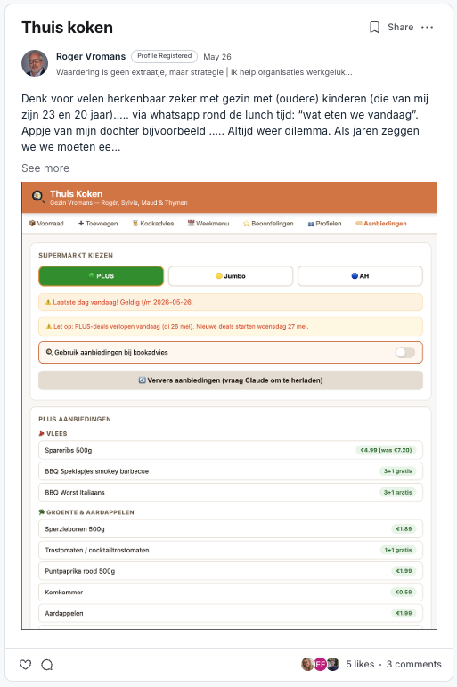 Persoonlijk kook-dashboard met voorraad, weekmenu en supermarktaanbiedingen, gebouwd met Claude.