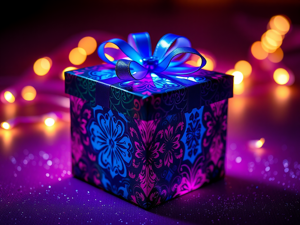 "A beautifully wrapped, unique gift box" "intricate patterns" "vibrant colors" "soft glowing light" "delicate ribbons" "surrounded by subtle sparkles"