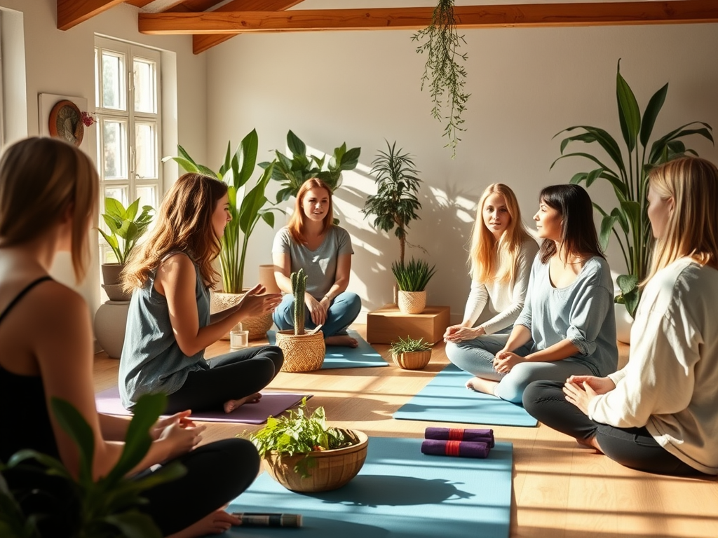 Een serene workshop met vrouwen in gesprek, omringd door planten.
