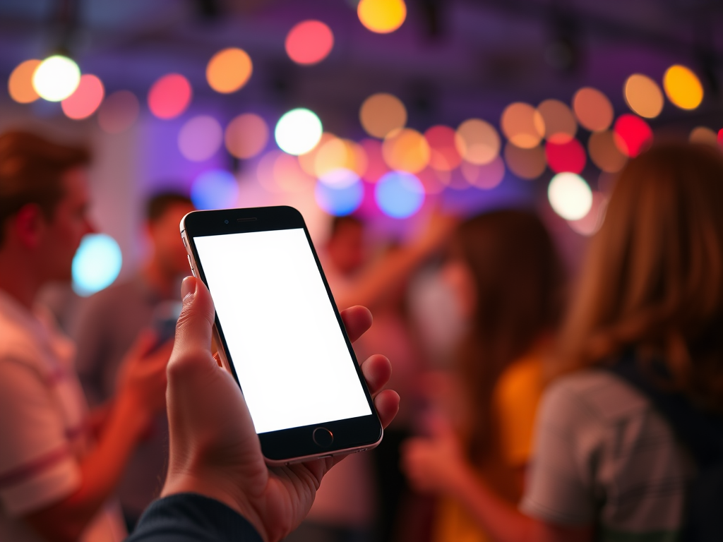 Persoon houdt smartphone vast in een kleurrijk, levendig social media evenement.