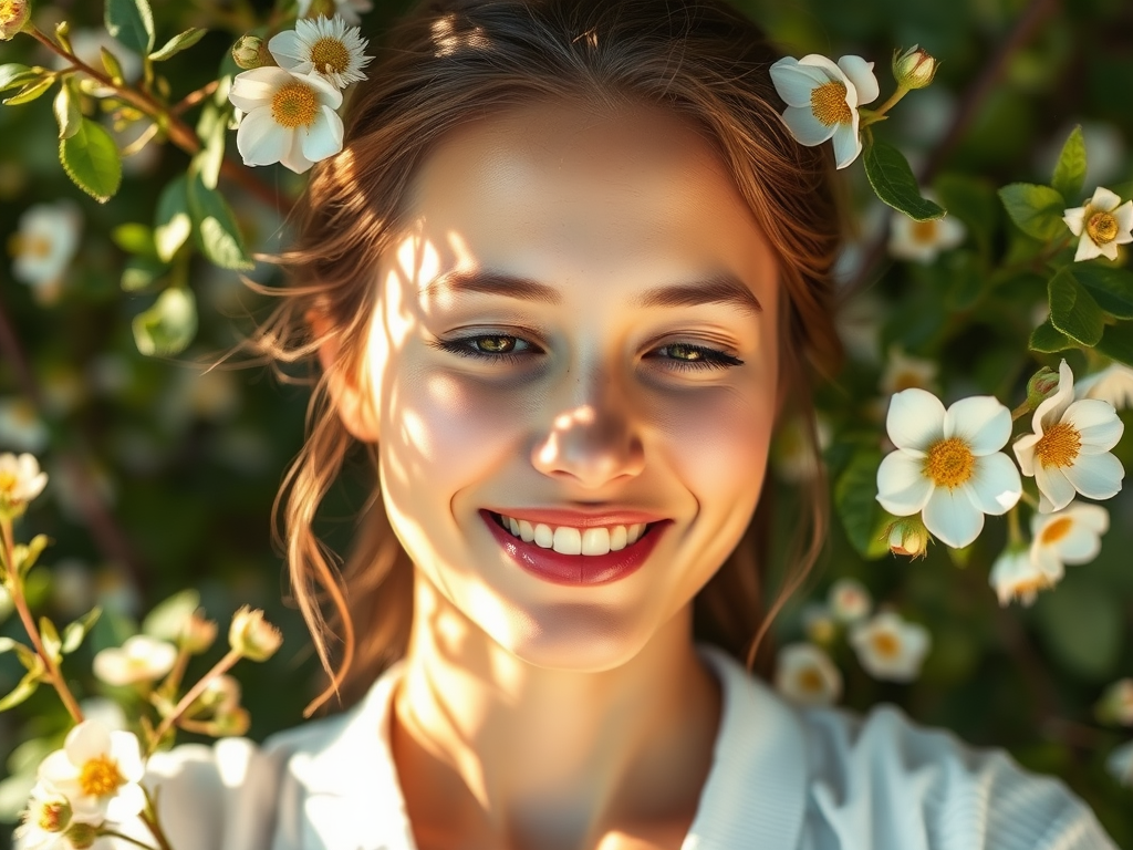 Vrolijke vrouw met lichte huid en bloemen in haar haar.