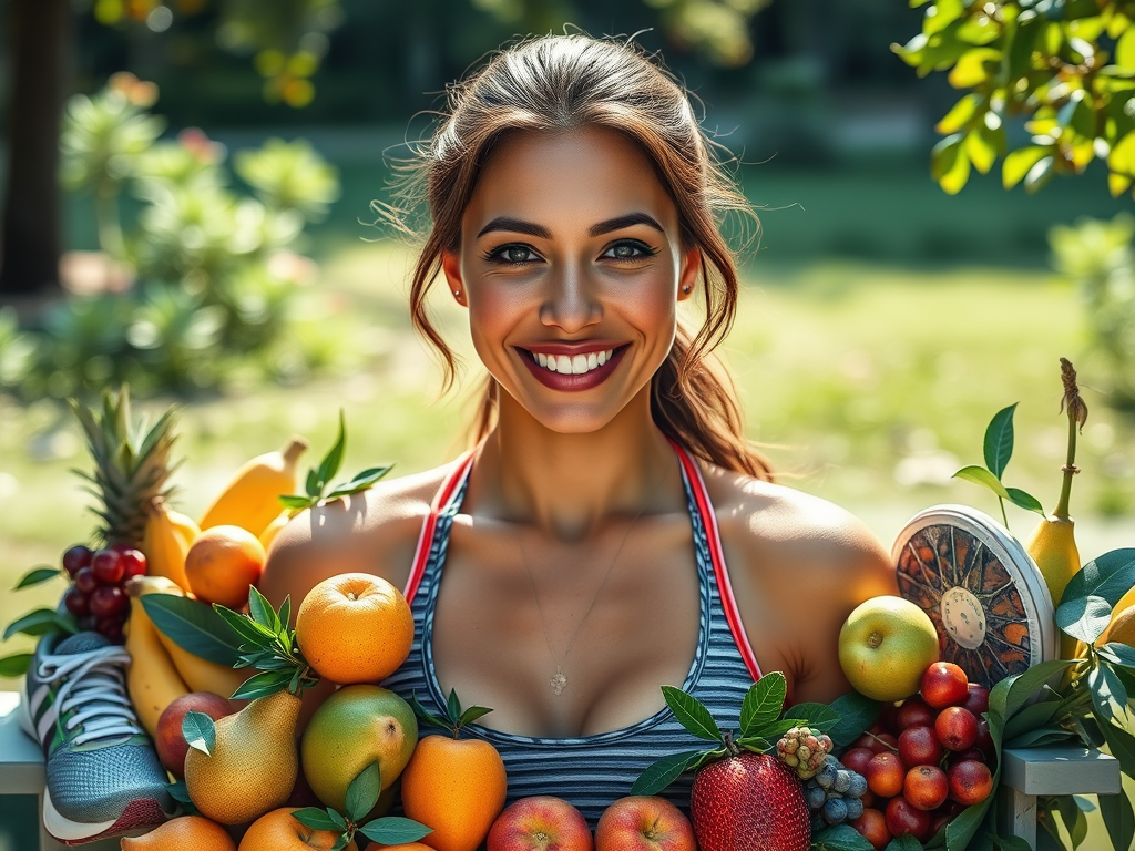 Zelfverzekerde vrouw met fruit en natuurlijke achtergrond