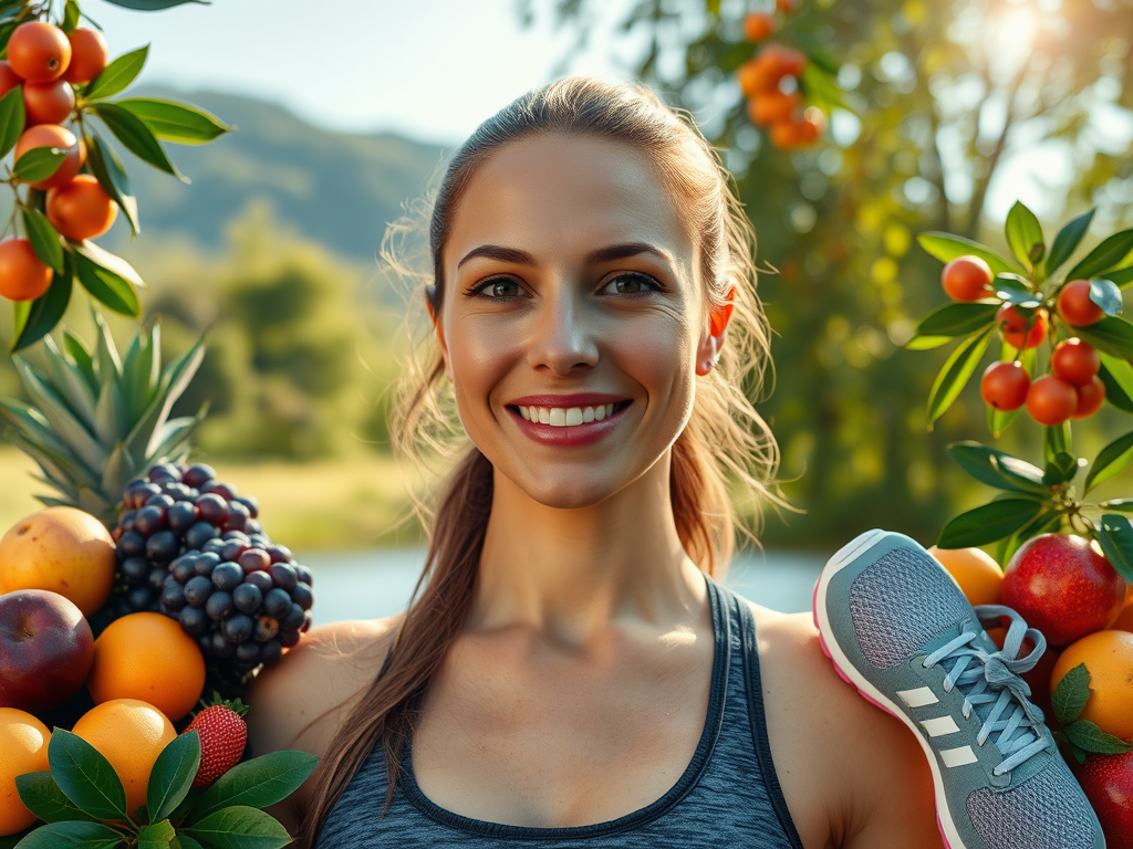 Zelfverzekerde vrouw met glimlach, omringd door fruit en natuur.