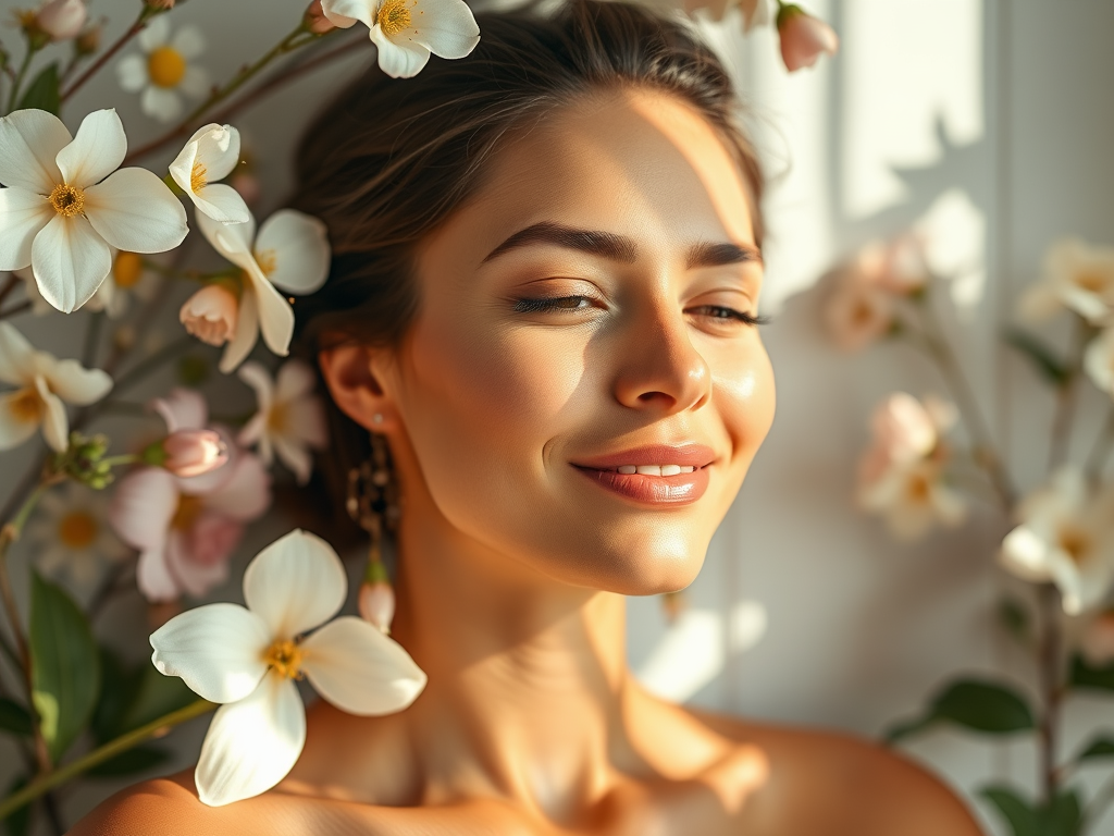 Stralende vrouw met gezonde huid tussen bloemen en zacht licht.