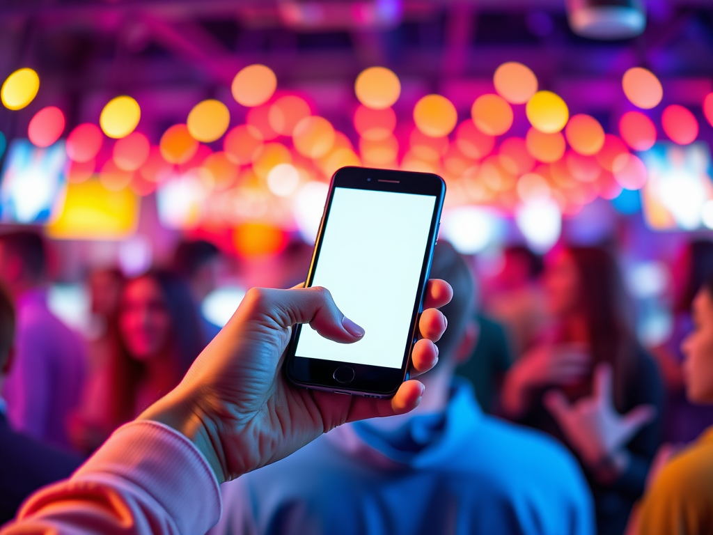 Persoon houdt smartphone vast in een kleurrijk, druk social media-omgeving.