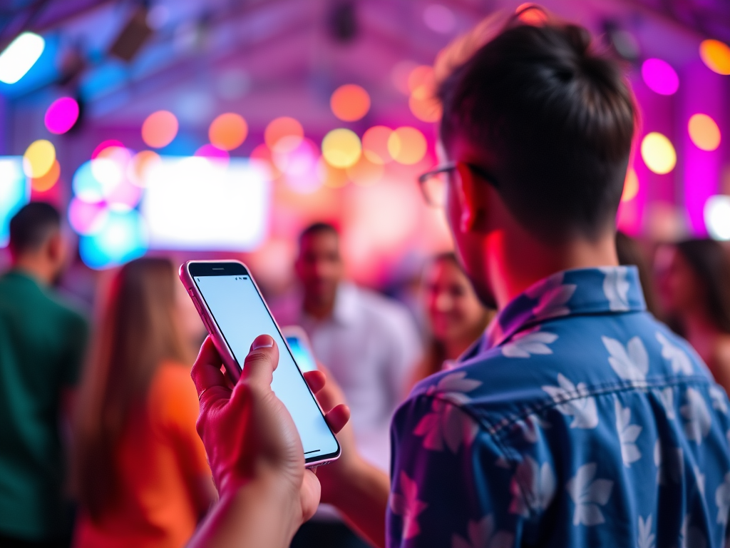 Persoon die op feest met kleurrijke achtergrond selfies maakt.