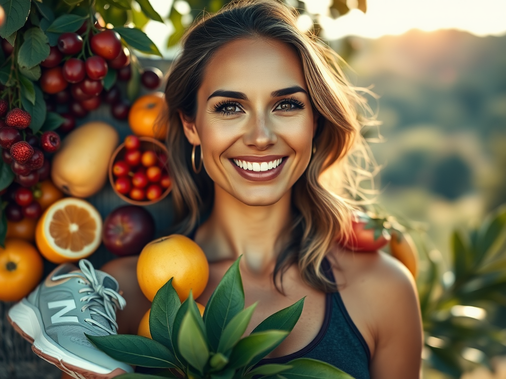 Zelfverzekerde vrouw met gezonde huid, omringd door fruit en natuur.