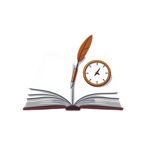 Open boek met een veerpen en klok.