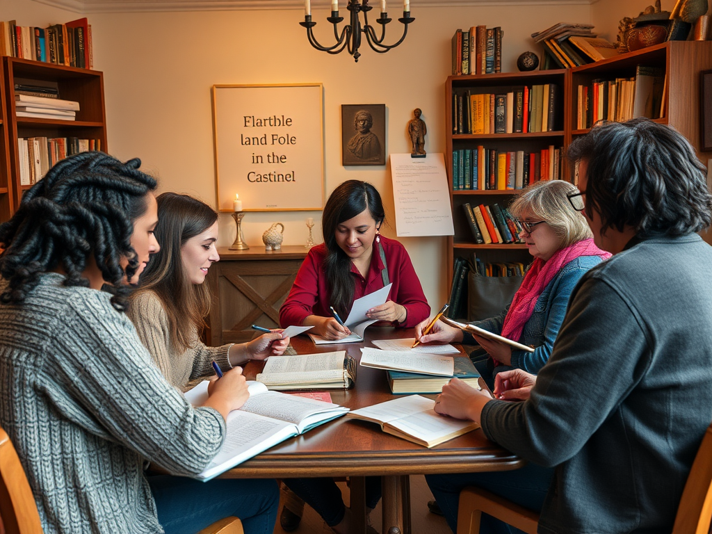 Een gezellige schrijversworkshop met een diverse groep schrijvers.